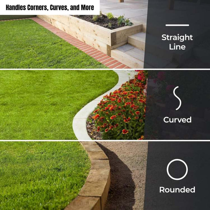 Ergonomische graskantafwerker in actie, creëert perfecte, nette tuinafscheidingen. Makkelijk tuinieren.