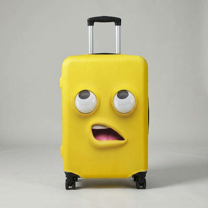 Elastische bagagehoes, type SmileGuard, met unieke vrolijke print voor extra bescherming op vakantie.