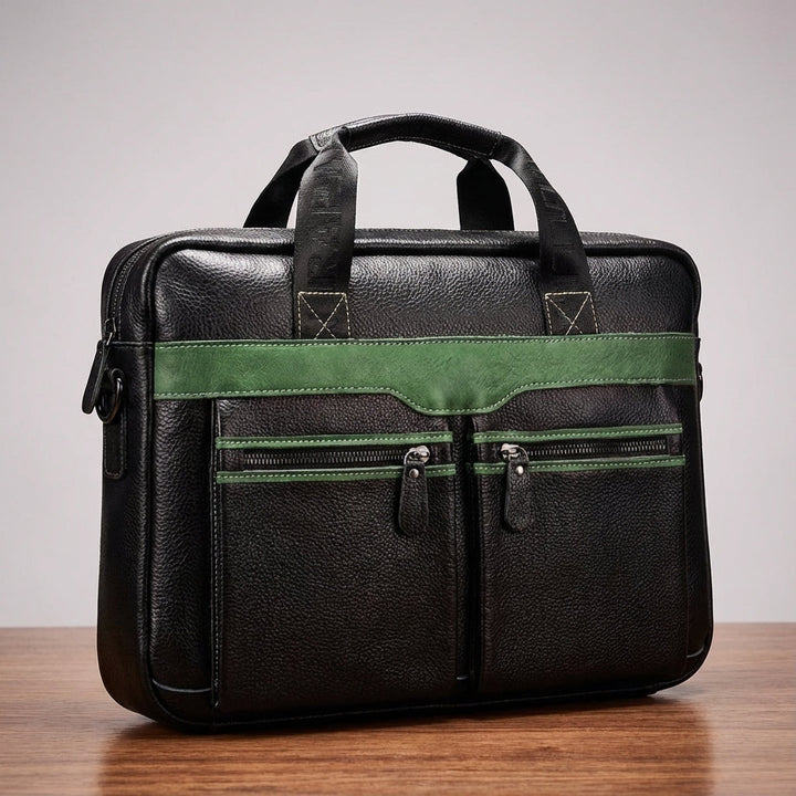 Groene UrbanSling leren laptoptas. Deze trendy en ruime unisex werktas is ideaal voor het organiseren van je spullen.