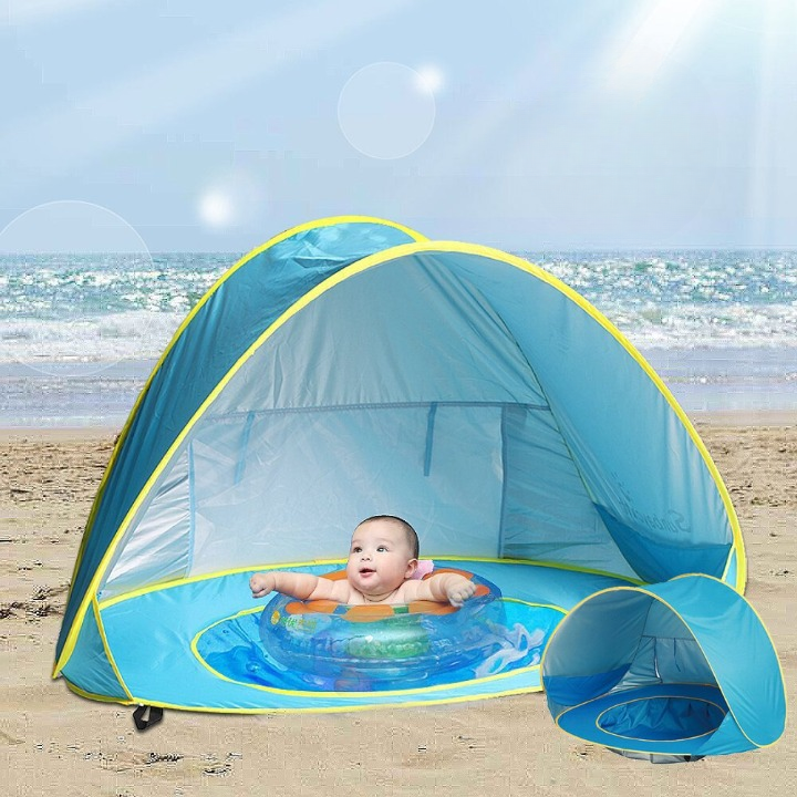 UV-beschermend pop-up strandtentje met geïntegreerd peuterbadje, blauw-groen, ideaal voor baby's op het strand