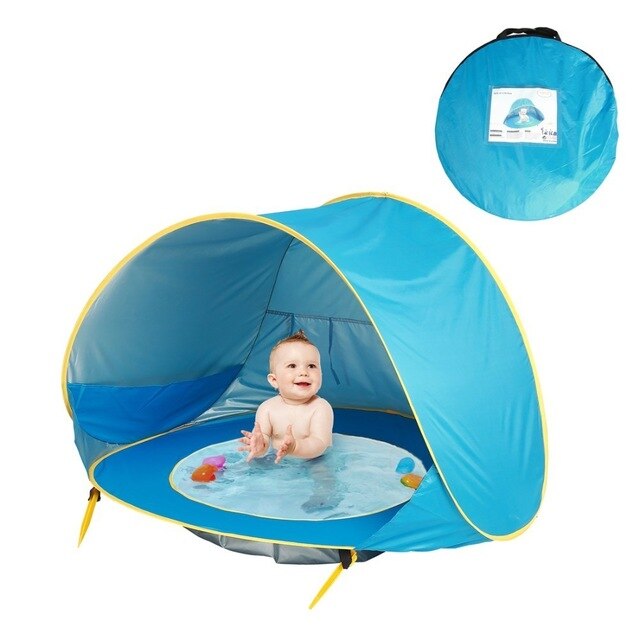 UV-beschermend pop-up strandtentje met geïntegreerd peuterbadje, blauw-groen, ideaal voor baby's op het strand
