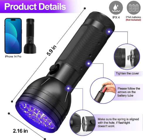 Zwarte UV-zaklamp met 51 LED's, gemaakt van aluminium, ideaal voor het detecteren van huisdierenvlekken, schorpioenen en het controleren van documenten, 395 nm golflengte.