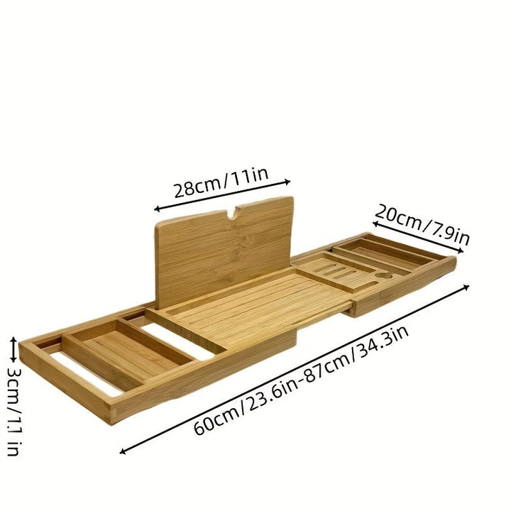 Verstelbare bamboe badplank voor stijlvolle ontspanning, geschikt voor boek, kaars en drankje, duurzaam en elegant.