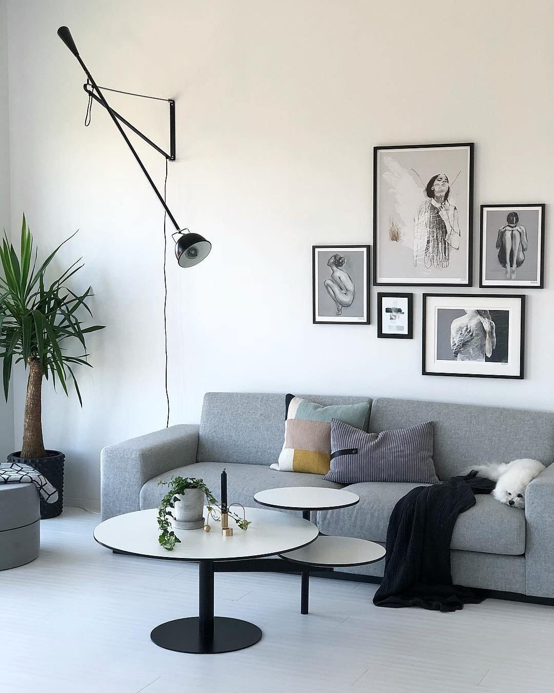 Verstelbare wandlamp 265 met aluminium kap en metalen frame in zwart of wit, ideaal voor grote interieurs.