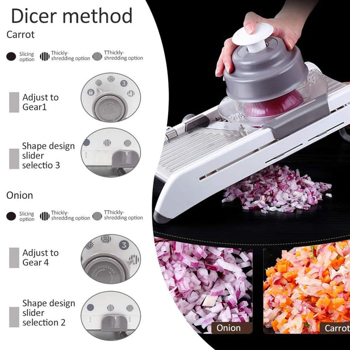 Veelzijdige roestvrijstalen groenteschaaf met scherp mes en ergonomische grip, perfect voor nauwkeurige keukensneden.