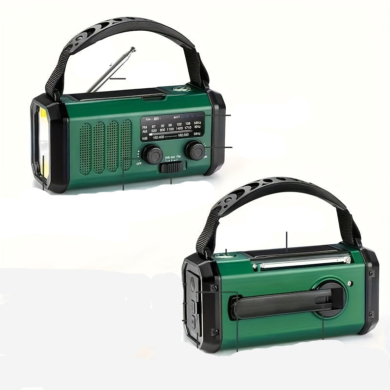 Veelzijdige Solar Noodradio met Powerbank, Slinger Radio en LED-verlichting, ideaal voor buitenactiviteiten en noodgevallen.