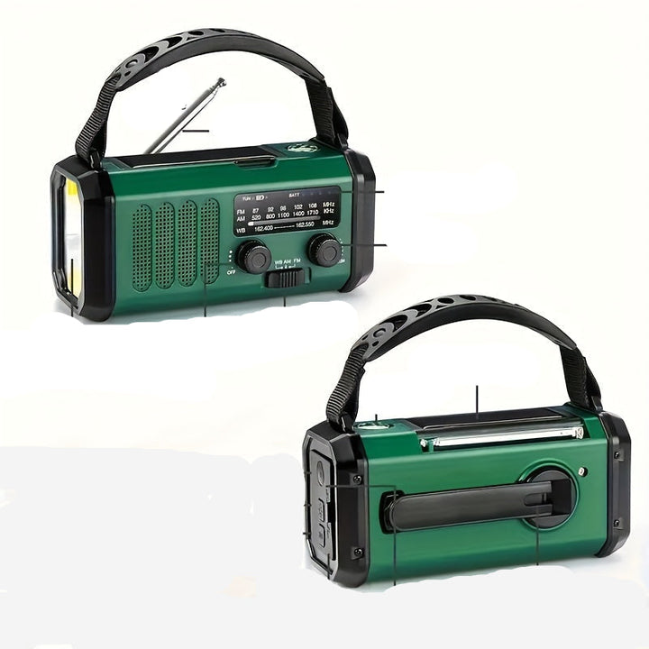 Veelzijdige Solar Noodradio met Powerbank, Slinger Radio en LED-verlichting, ideaal voor buitenactiviteiten en noodgevallen.