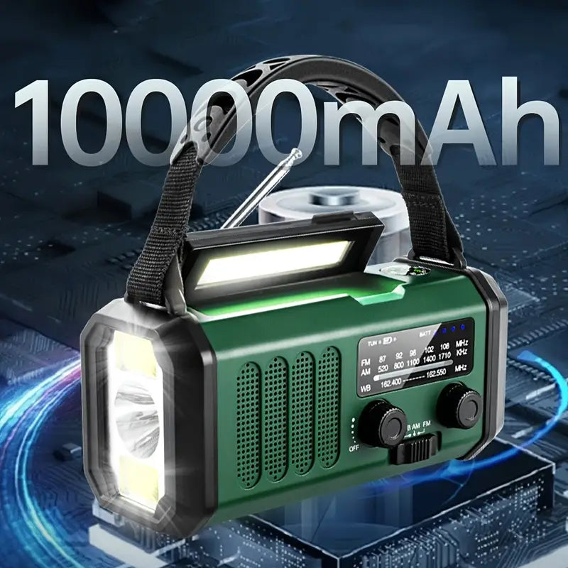 Veelzijdige Solar Noodradio met Powerbank, Slinger Radio en LED-verlichting, ideaal voor buitenactiviteiten en noodgevallen.