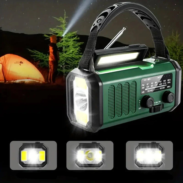 Veelzijdige Solar Noodradio met Powerbank, Slinger Radio en LED-verlichting, ideaal voor buitenactiviteiten en noodgevallen.