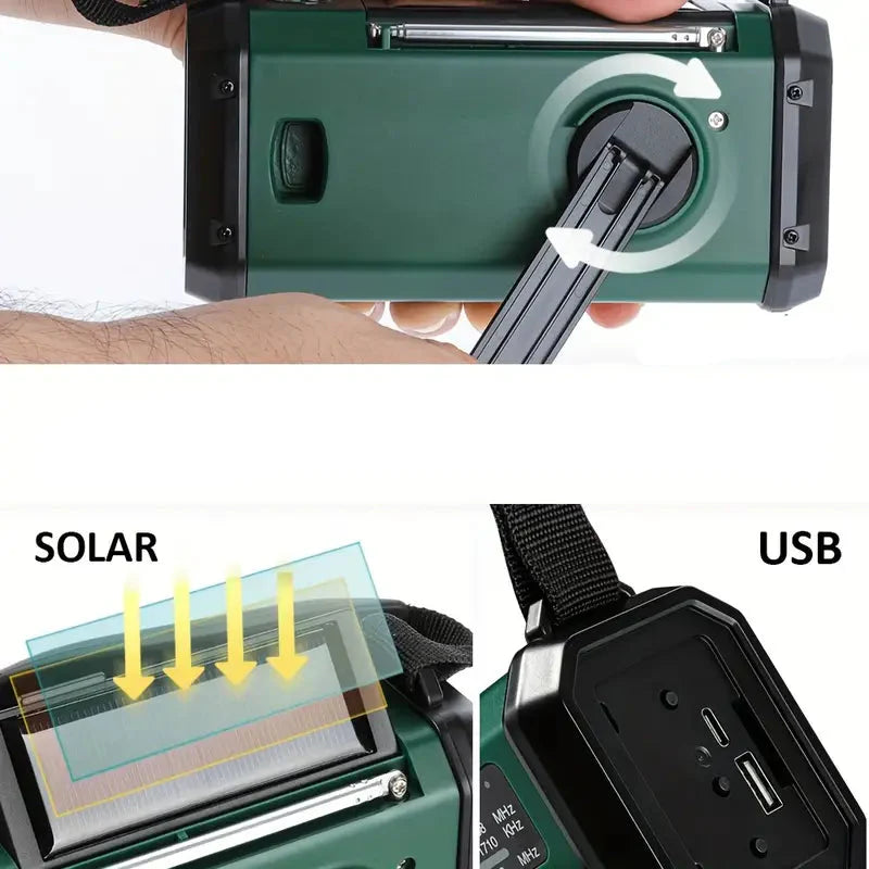 Veelzijdige Solar Noodradio met Powerbank, Slinger Radio en LED-verlichting, ideaal voor buitenactiviteiten en noodgevallen.