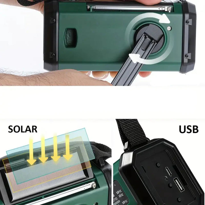 Veelzijdige Solar Noodradio met Powerbank, Slinger Radio en LED-verlichting, ideaal voor buitenactiviteiten en noodgevallen.
