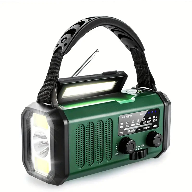 Veelzijdige Solar Noodradio met Powerbank, Slinger Radio en LED-verlichting, ideaal voor buitenactiviteiten en noodgevallen.