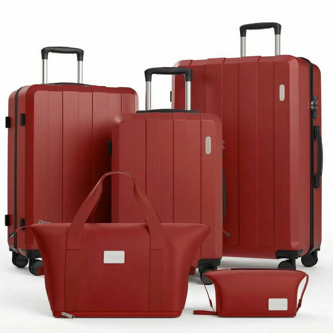 Veelzijdige reiskoffer set van vijf, georganiseerd reizen met maten voor handbagage en ruimbagage, reisgemak.