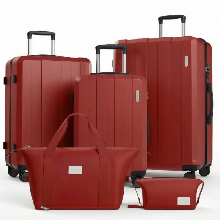 Veelzijdige reiskoffer set van vijf, georganiseerd reizen met maten voor handbagage en ruimbagage, reisgemak.