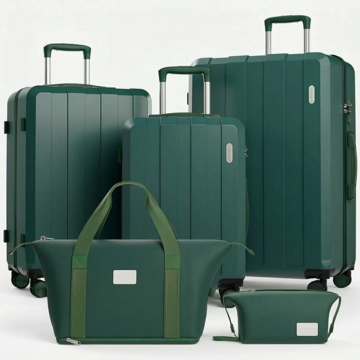 Duurzame hardcase vakantiekoffer set, vijf stuks voor alle reisbenodigdheden en avonturen, inclusief TSA slot.