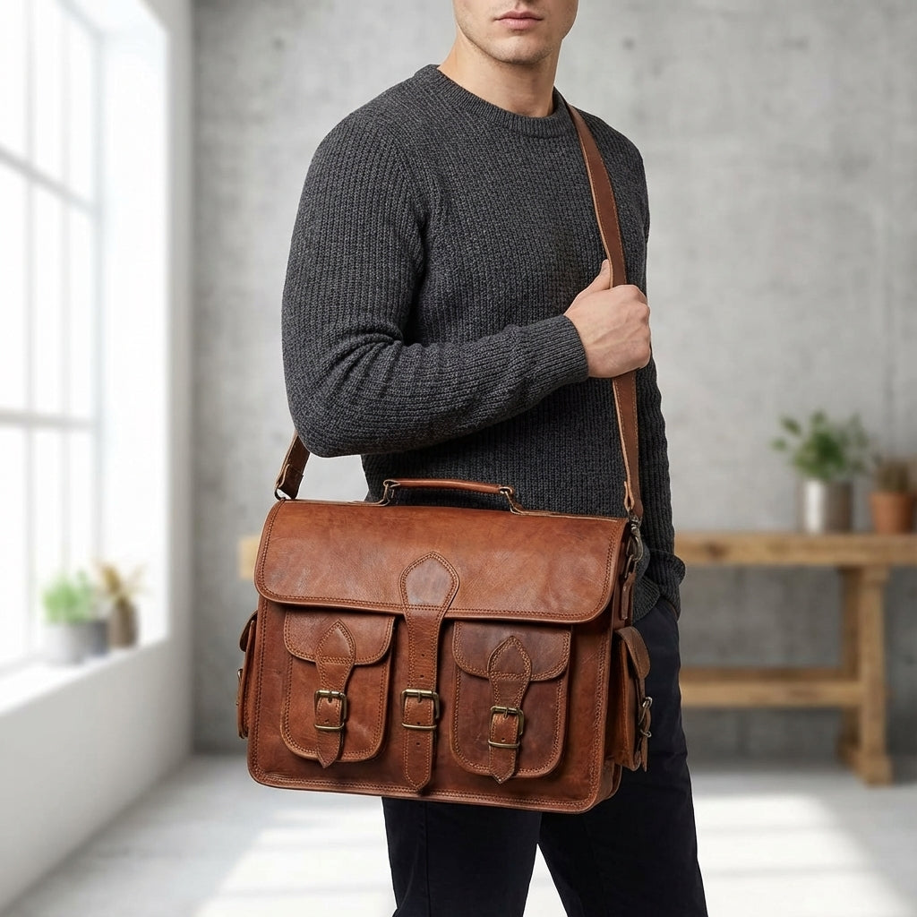Vintage bruine leren messenger tas van geitenleer, handgemaakt en duurzaam. Ideaal als schoudertas.