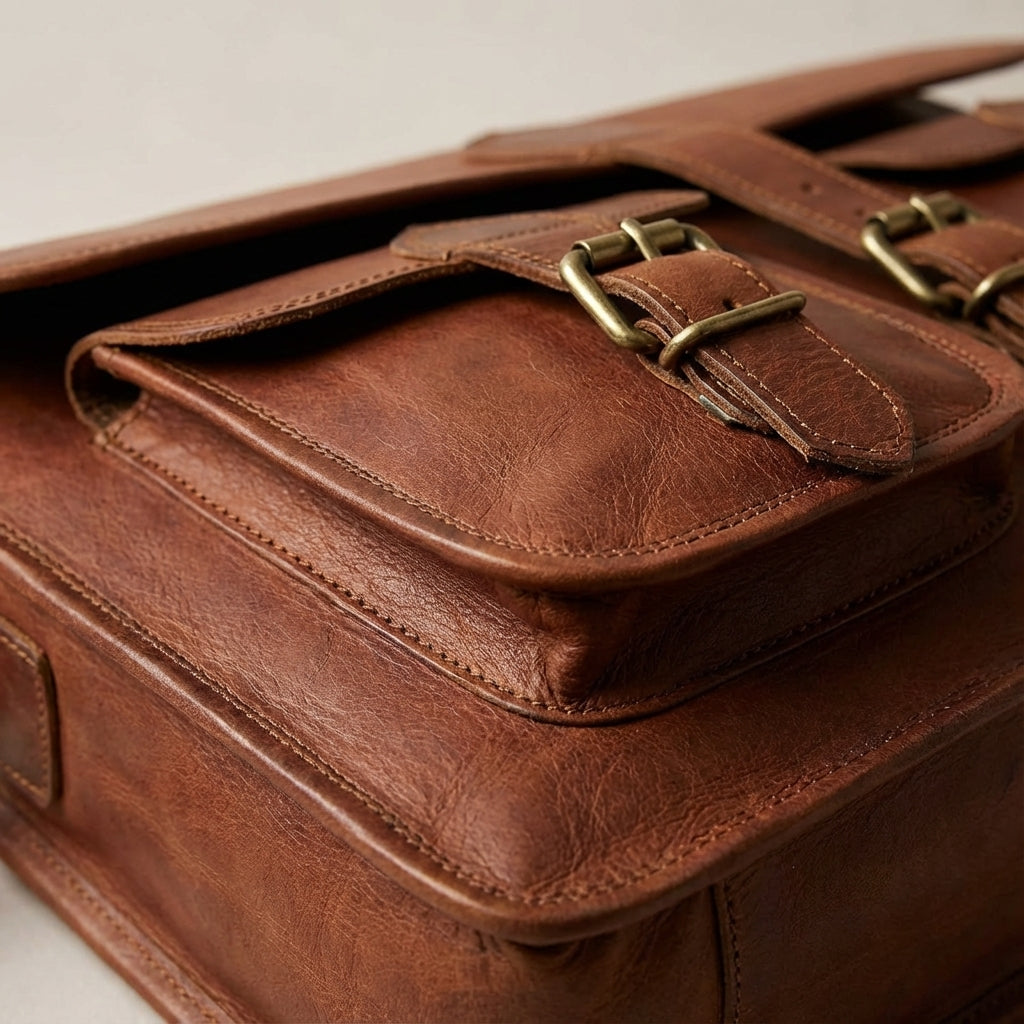 Stijlvolle vintage leren crossbody tas van geitenleer, een handgemaakte herentas of damestas voor dagelijks gebruik.
