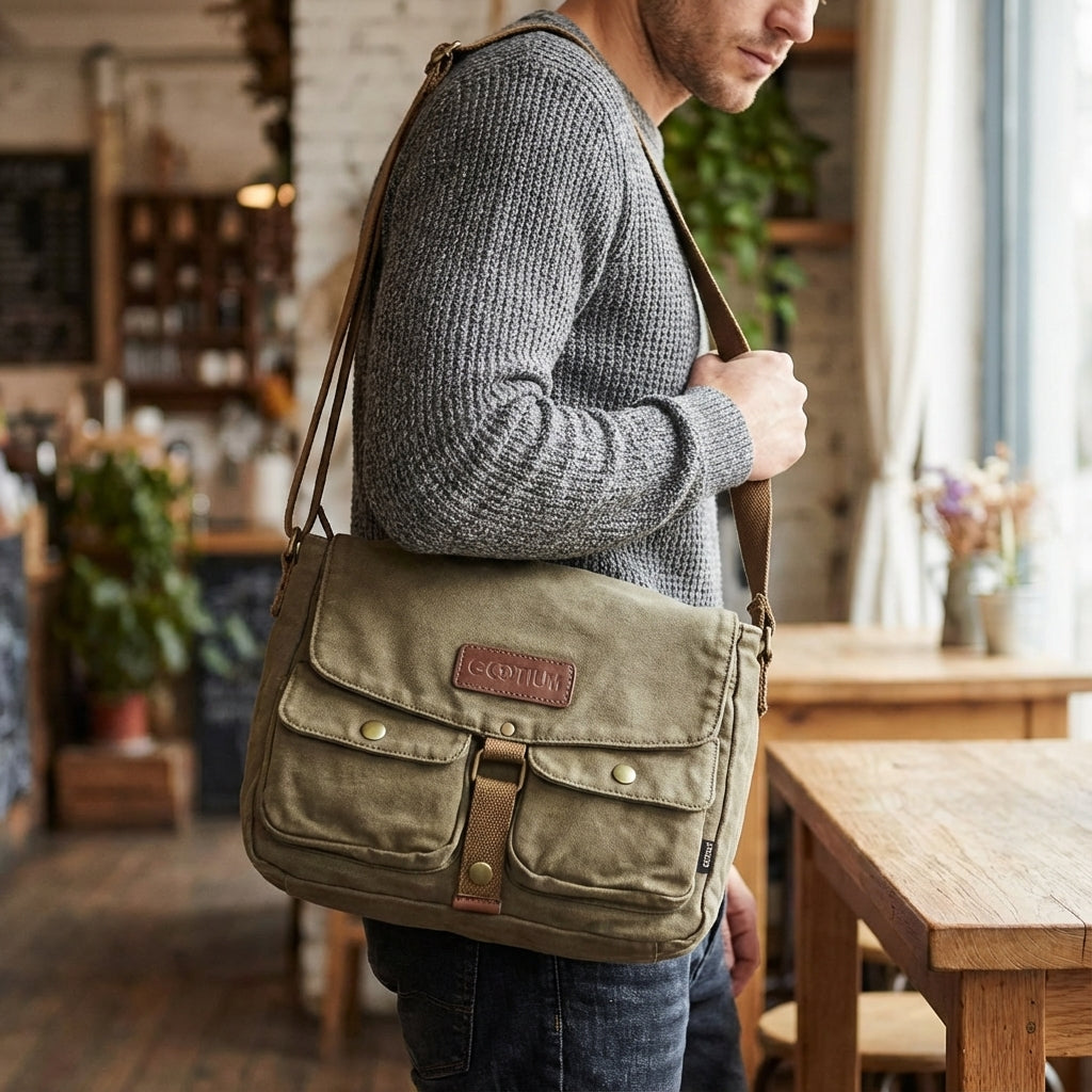 Vintage canvas crossbody tas van Carryforge, duurzaam en stijlvol voor dagelijks gebruik door heren en dames.