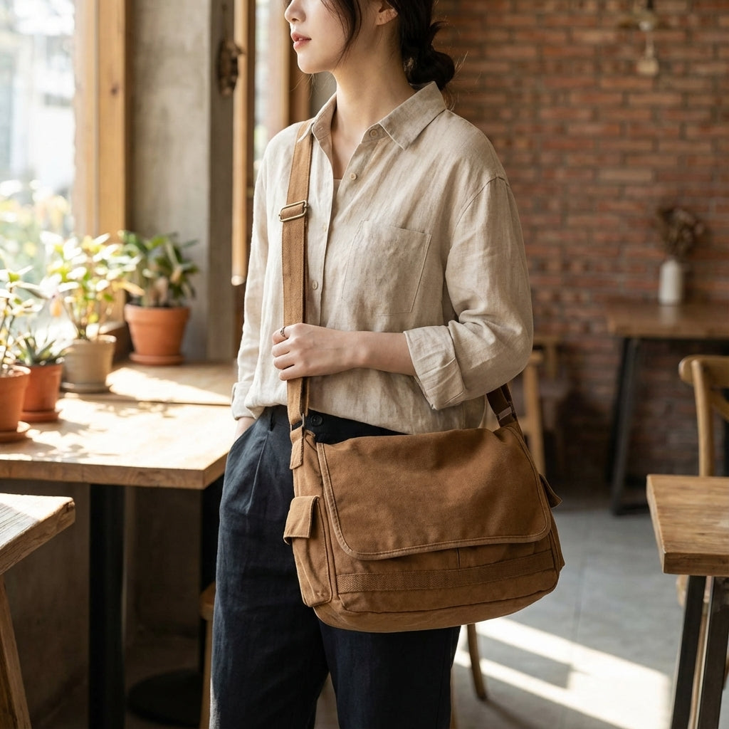 Vintage Canvas Schoudertas UrbanSatchel, unisex, ideaal voor dagelijks gebruik & werk. Duurzaam & stijlvol.