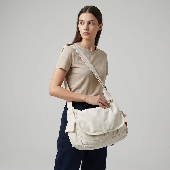 Detail van vintage canvas schoudertas UrbanSatchel, met leren accenten. Tijdloze, functionele crossbody tas.