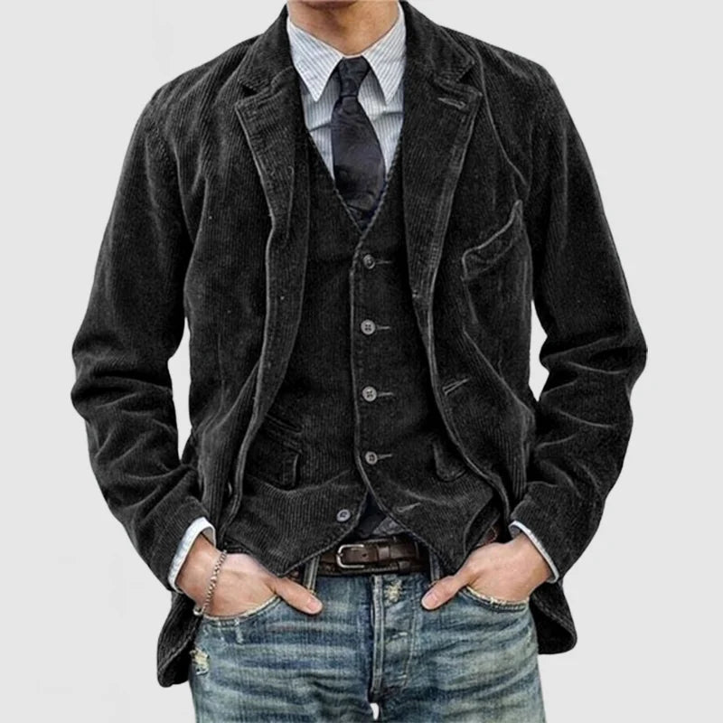 Vintage herenblazer en gilet in retrostijl, marineblauw met een klassieke snit, perfect voor elegante gelegenheden.