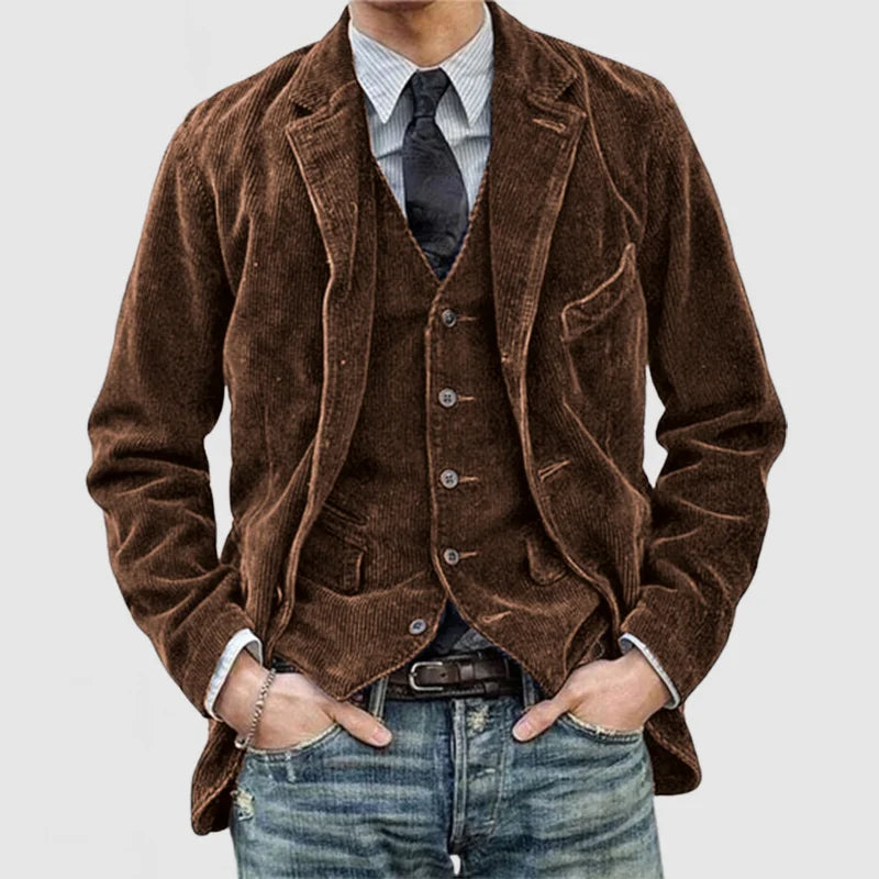 Vintage herenblazer en gilet in retrostijl, marineblauw met een klassieke snit, perfect voor elegante gelegenheden.