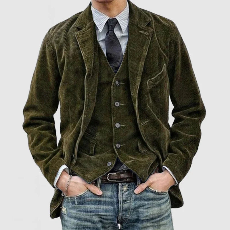 Vintage herenblazer en gilet in retrostijl, marineblauw met een klassieke snit, perfect voor elegante gelegenheden.