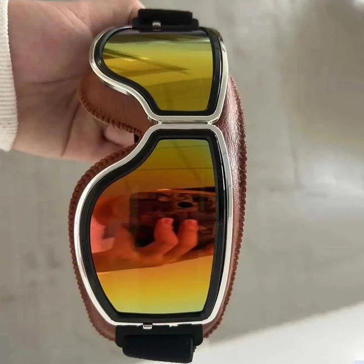 Vintage motorbril met UV-bescherming, klassiek lederlook design, krasbestendige lens, voor buitenactiviteiten.