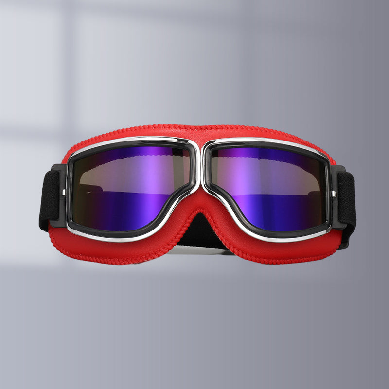 Vintage motorbril met UV-bescherming, klassiek lederlook design, krasbestendige lens, voor buitenactiviteiten.