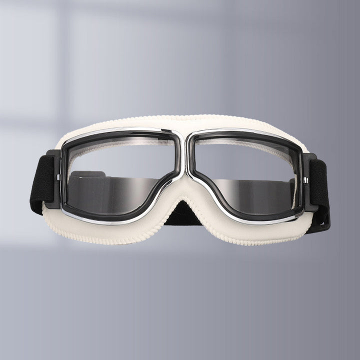 Vintage motorbril met UV-bescherming, klassiek lederlook design, krasbestendige lens, voor buitenactiviteiten.