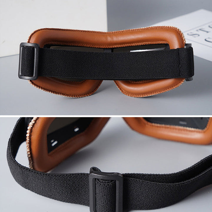 Vintage motorbril met UV-bescherming, klassiek lederlook design, krasbestendige lens, voor buitenactiviteiten.