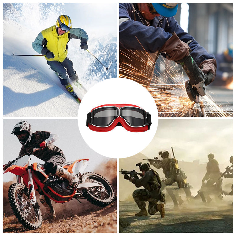 Vintage motorbril met UV-bescherming, klassiek lederlook design, krasbestendige lens, voor buitenactiviteiten.