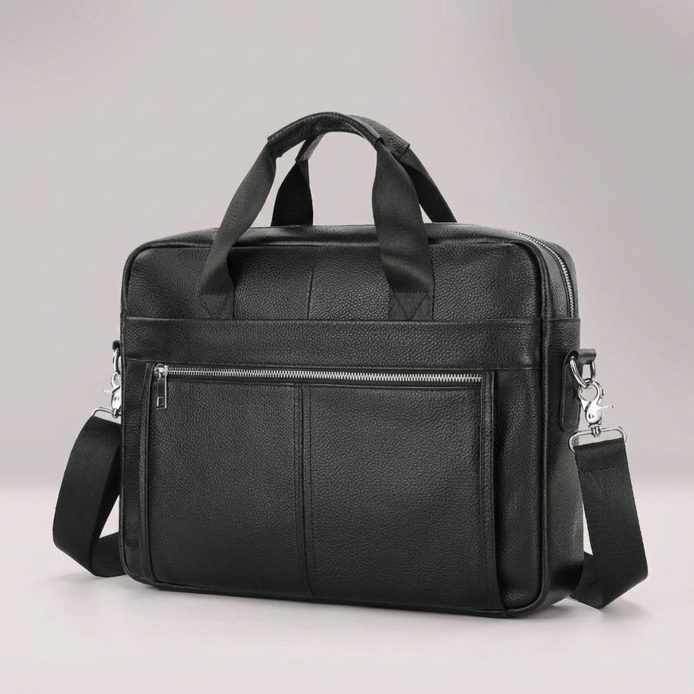 Professionele leren laptoptas/documententas van rundleer in vintage stijl, geschikt voor kantoor.