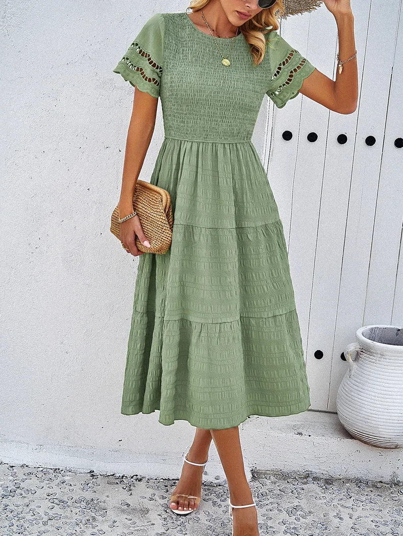 Vintage Sommerkleid Damen, Midi, Rundhals, luftiges Design, sommerlich, vielfältige Farben, elegant für jeden Anlass.