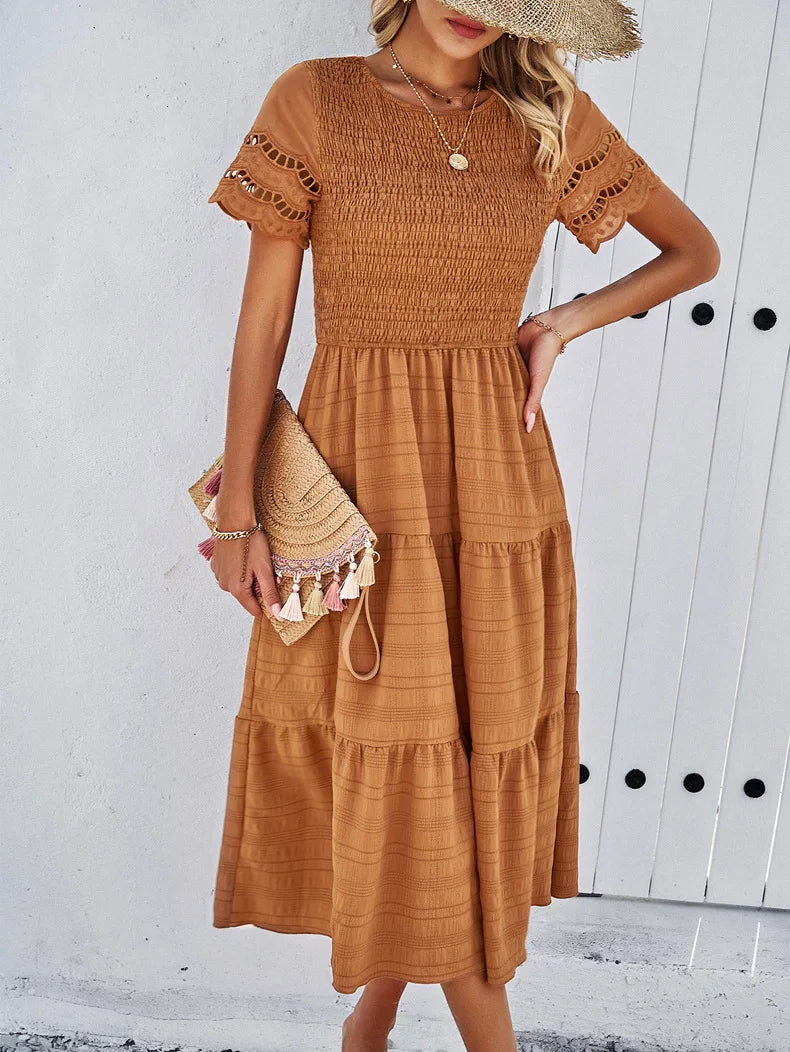 Vintage Sommerkleid Damen, Midi, Rundhals, luftiges Design, sommerlich, vielfältige Farben, elegant für jeden Anlass.