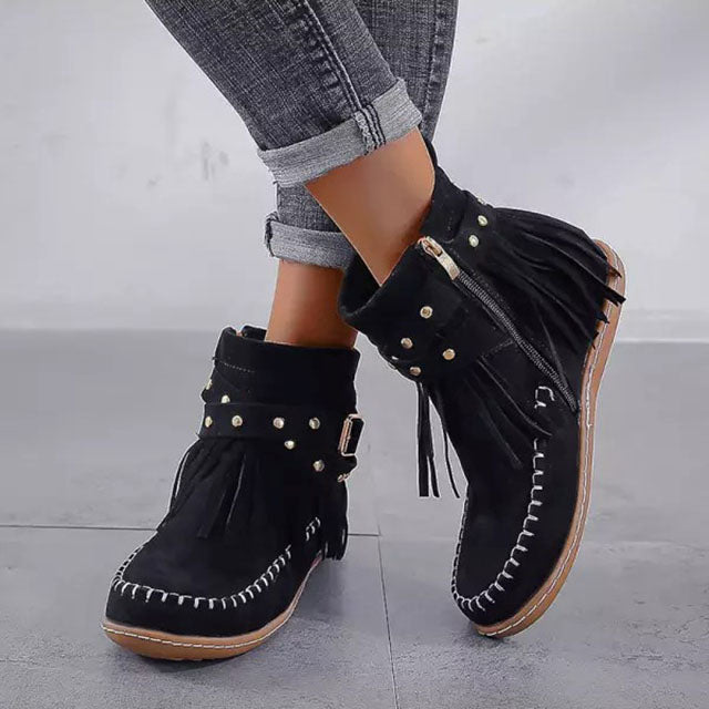 Stijlvolle vintage enkellaarzen 'Mira' met franjes voor dames. Warme, modieuze schoenen voor herfst/winter.