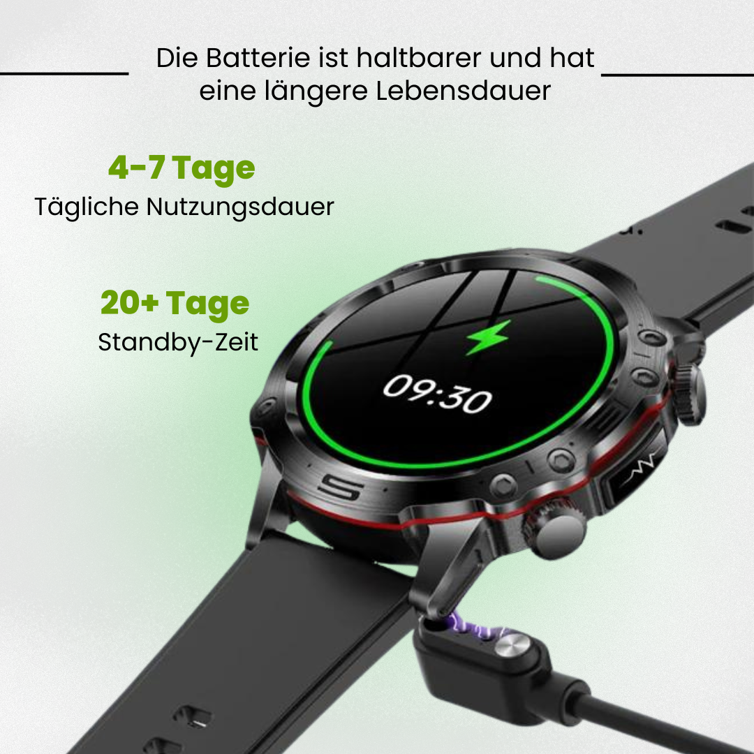 VitalCare 360 Smartwatch met SOS-functie, naaldvrije bloedglucosemeting, zwarte behuizing en modern, slank ontwerp