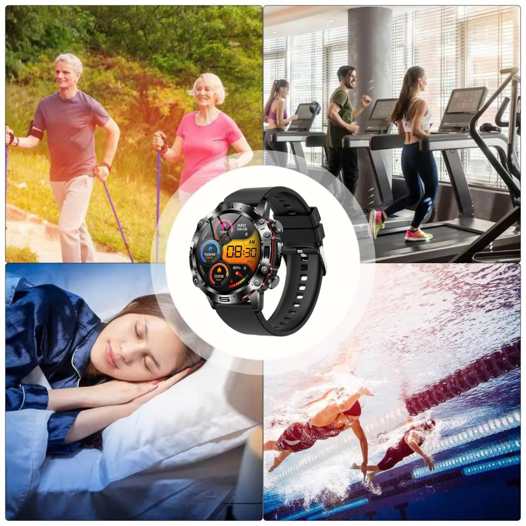 VitalCare 360 Smartwatch met SOS-functie, naaldvrije bloedglucosemeting, zwarte behuizing en modern, slank ontwerp