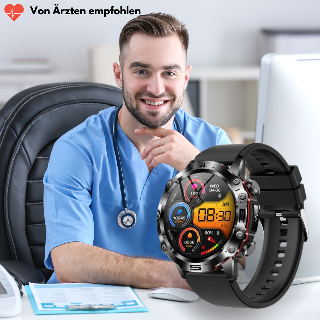 VitalCare 360 Smartwatch met SOS-functie, naaldvrije bloedglucosemeting, zwarte behuizing en modern, slank ontwerp