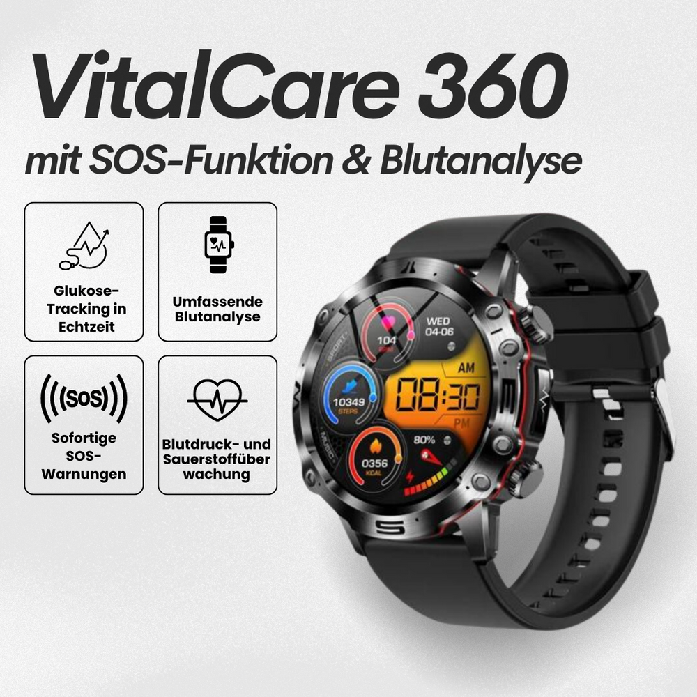 VitalCare 360 Smartwatch met SOS-functie, naaldvrije bloedglucosemeting, zwarte behuizing en modern, slank ontwerp