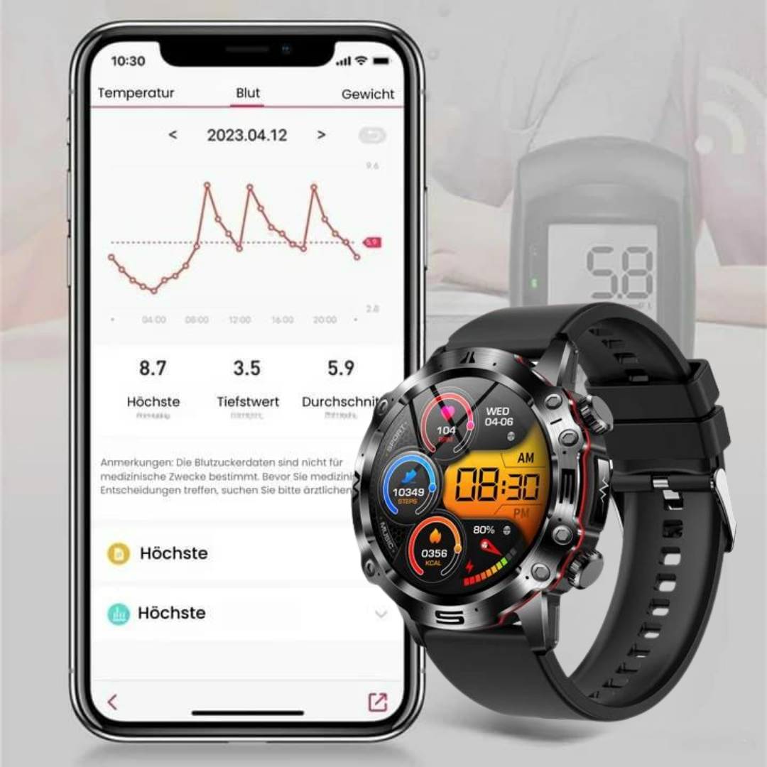 VitalCare 360 Smartwatch met SOS-functie, naaldvrije bloedglucosemeting, zwarte behuizing en modern, slank ontwerp