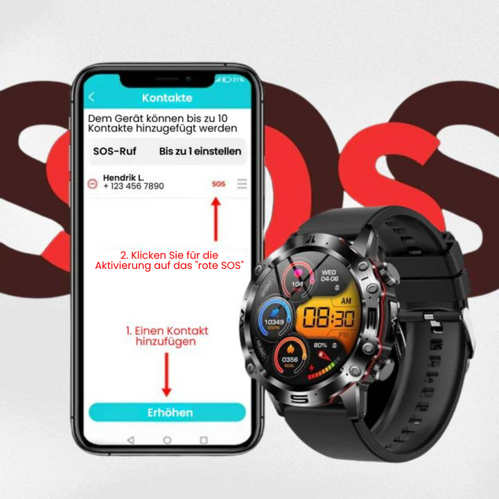 VitalCare 360 Smartwatch met SOS-functie, naaldvrije bloedglucosemeting, zwarte behuizing en modern, slank ontwerp