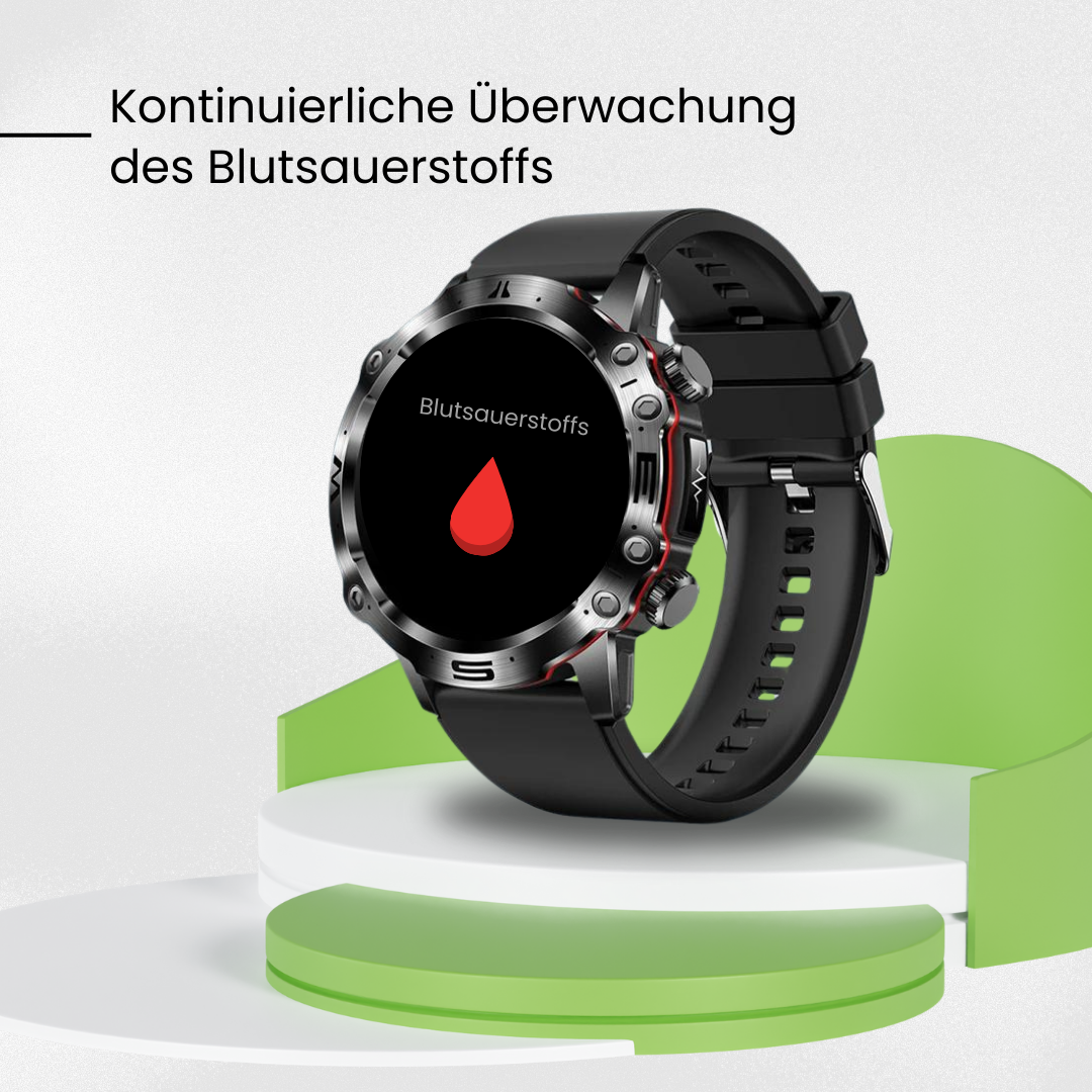 VitalCare 360 Smartwatch met SOS-functie, naaldvrije bloedglucosemeting, zwarte behuizing en modern, slank ontwerp