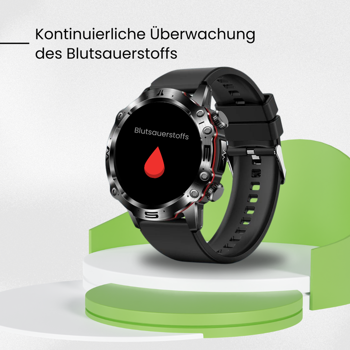 VitalCare 360 Smartwatch met SOS-functie, naaldvrije bloedglucosemeting, zwarte behuizing en modern, slank ontwerp