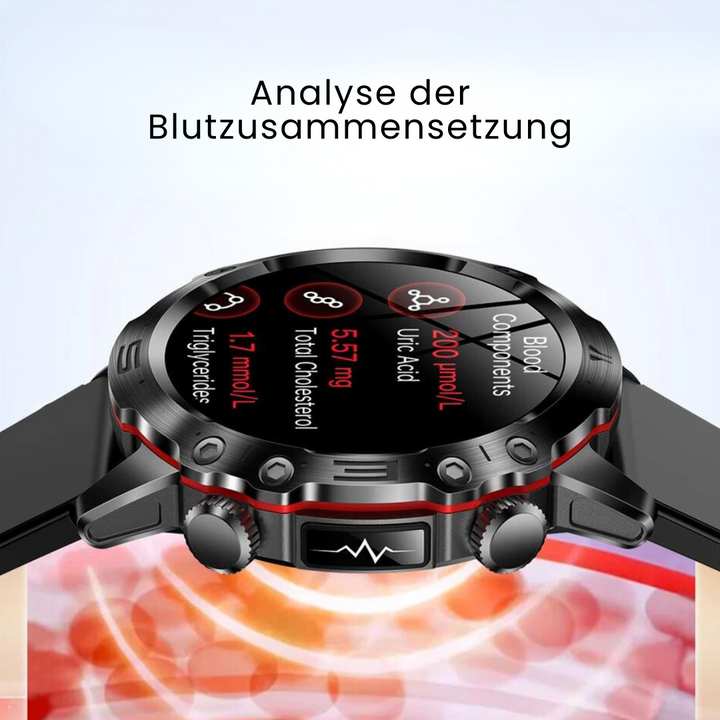 VitalCare 360 Smartwatch met SOS-functie, naaldvrije bloedglucosemeting, zwarte behuizing en modern, slank ontwerp
