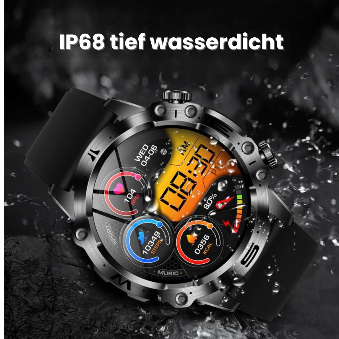 VitalCare 360 Smartwatch met SOS-functie, naaldvrije bloedglucosemeting, zwarte behuizing en modern, slank ontwerp