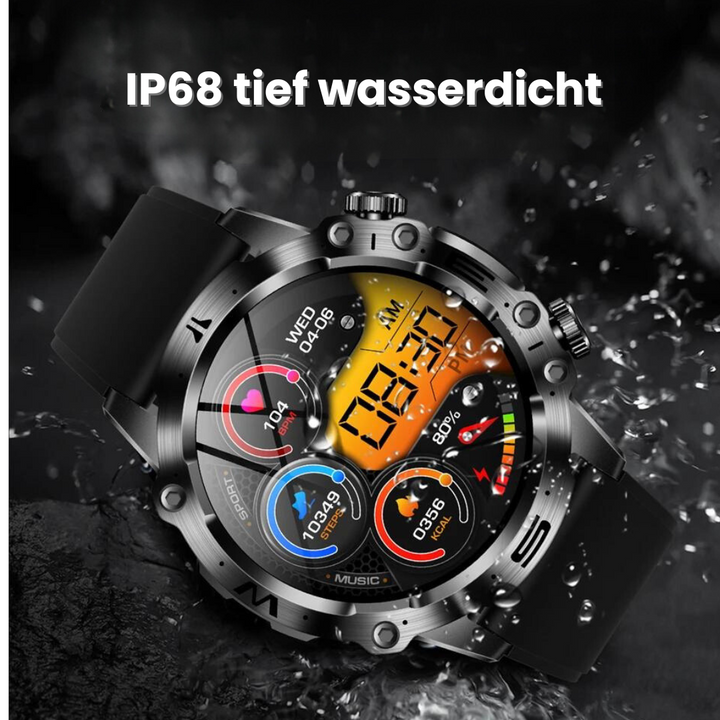 VitalCare 360 Smartwatch met SOS-functie, naaldvrije bloedglucosemeting, zwarte behuizing en modern, slank ontwerp