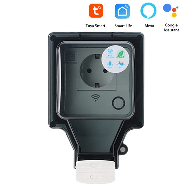 Robuuste Voltura smart WiFi buitenstekker IP66, waterdicht. Perfect voor het slim bedienen van tuinverlichting en apparaten.