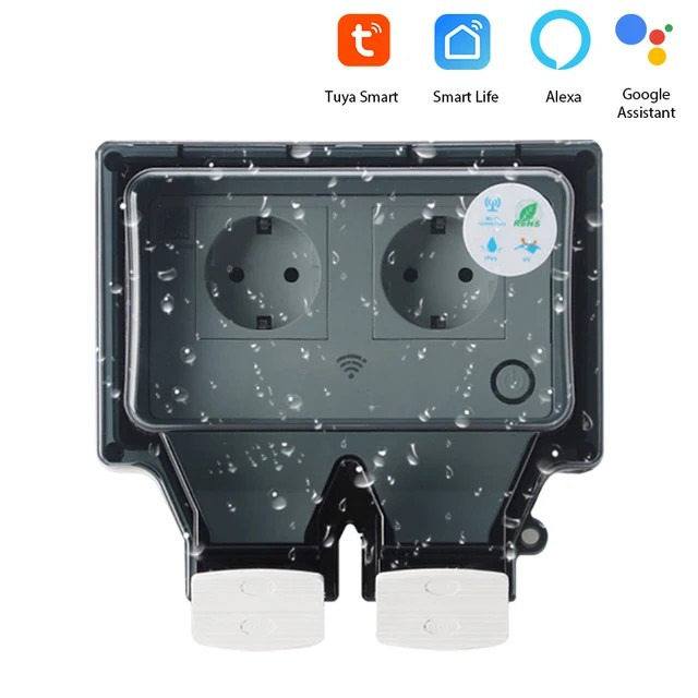 Detailfoto van de Voltura IP66 waterdichte smart WiFi buitenstekker. Essentieel voor een modern en geautomatiseerd buitenleven.