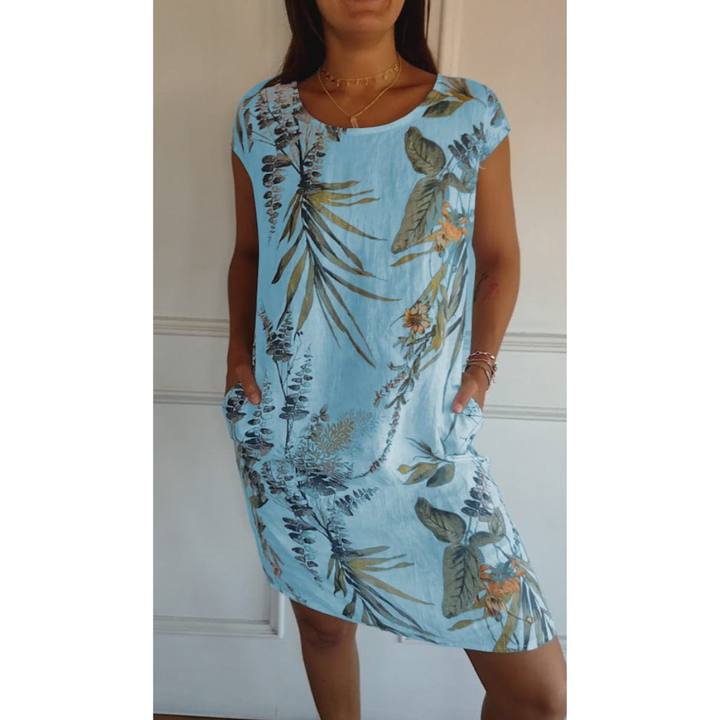 Vooraanzicht Margarita jurk, zomerjurk met ronde hals, comfortabel, stijlvol, elegant ontwerp